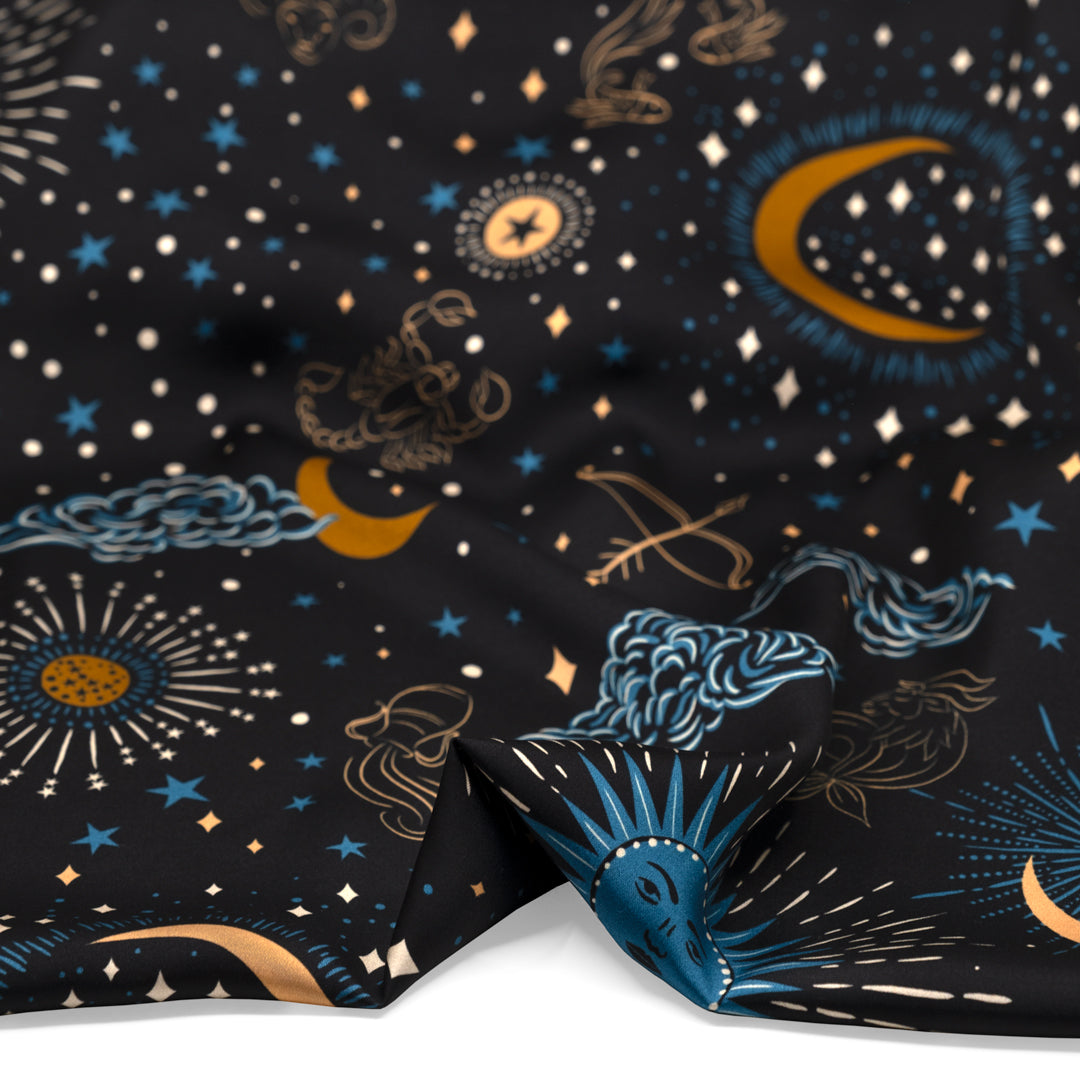 Written In The Stars Viscose Satin - Midnight Blue/Ocean/Ochre | Blackbird Fabrics