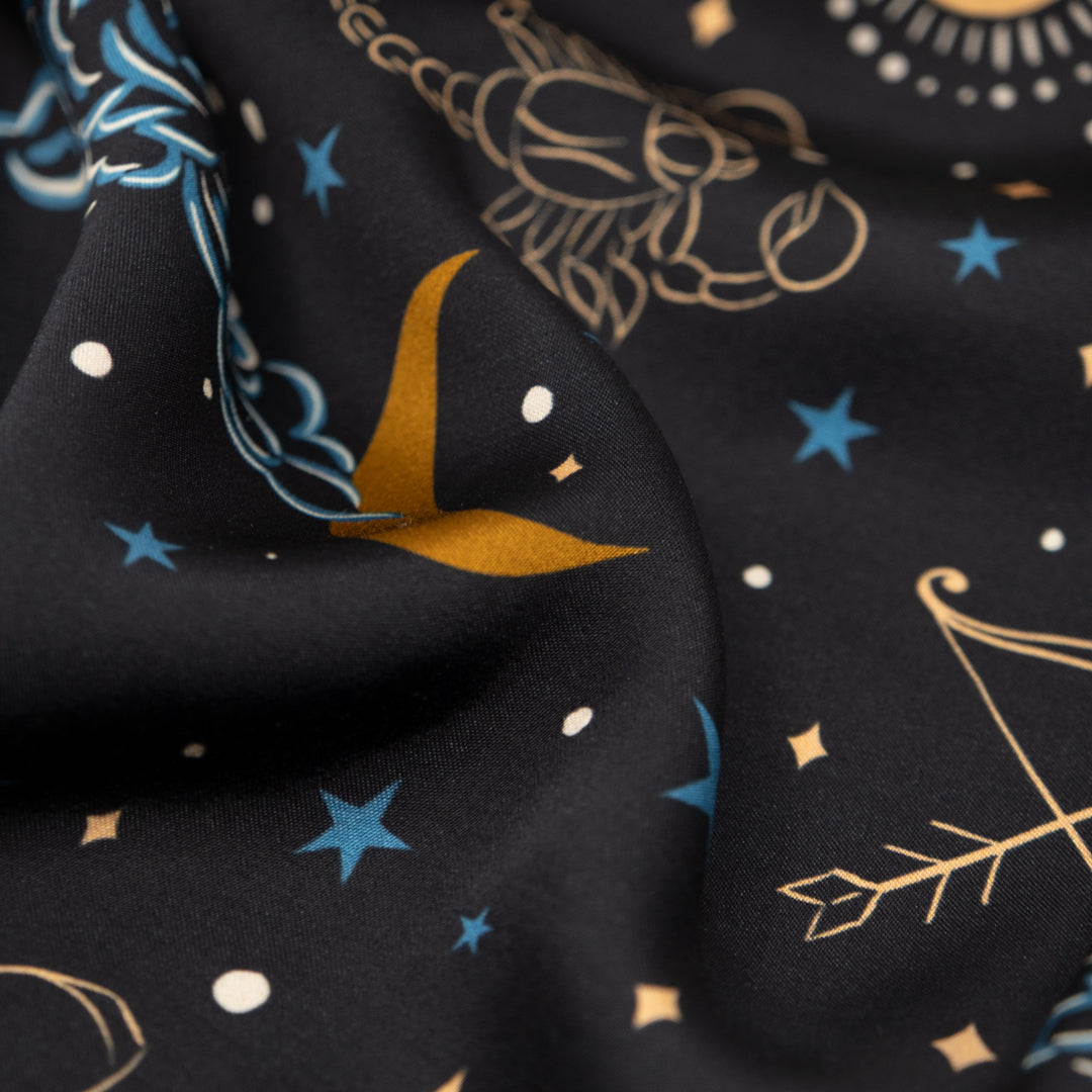 Written In The Stars Viscose Satin - Midnight Blue/Ocean/Ochre | Blackbird Fabrics