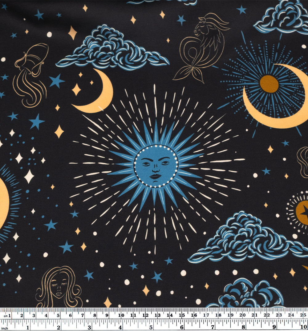 Written In The Stars Viscose Satin - Midnight Blue/Ocean/Ochre | Blackbird Fabrics
