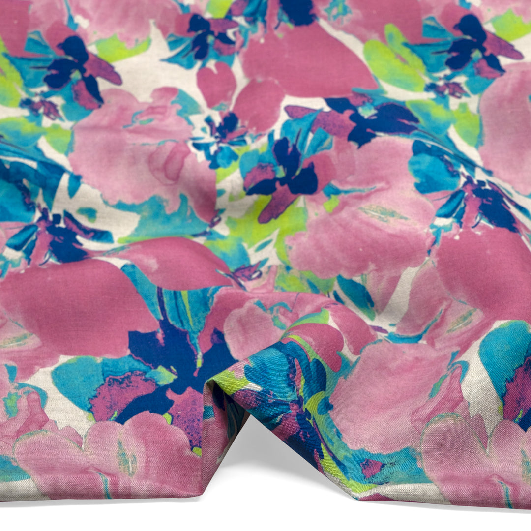 Inkblot Floral Printed Viscose Linen - Tulip/Bluebird/Multi | Blackbird Fabrics