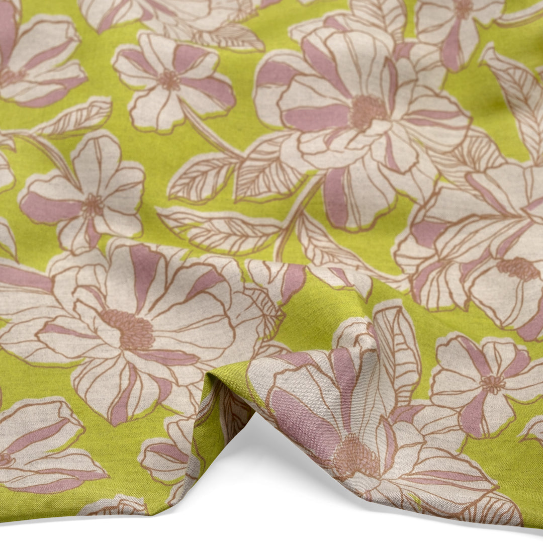 Herbaceous Printed Viscose Linen - Limeade/Almond | Blackbird Fabrics