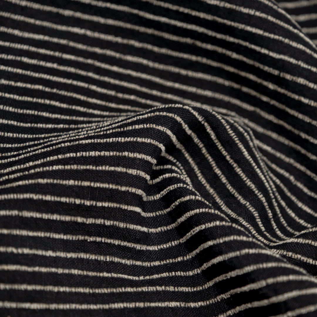 Farmhouse Stripe Linen Rayon Blend - Black/Pebble | Blackbird Fabrics