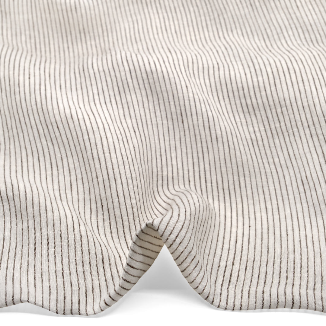 Pencil Stripe Stonewashed Linen - White/Chocolate | Blackbird Fabrics