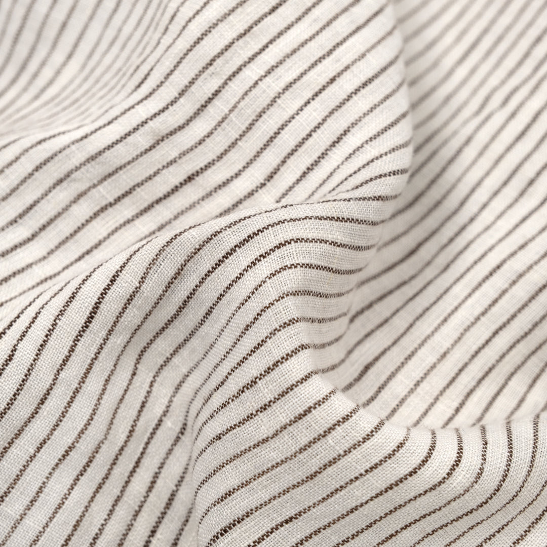 Pencil Stripe Stonewashed Linen - White/Chocolate | Blackbird Fabrics