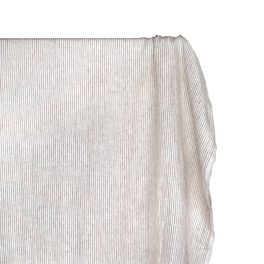 Pencil Stripe Stonewashed Linen - White/Chocolate | Blackbird Fabrics