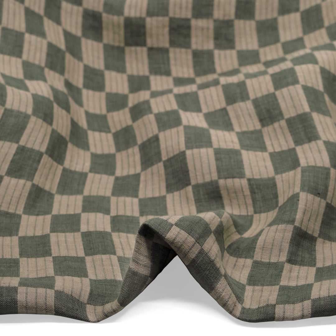 Check Laundered Linen Double Cloth - Ivy/Flax | Blackbird Fabrics