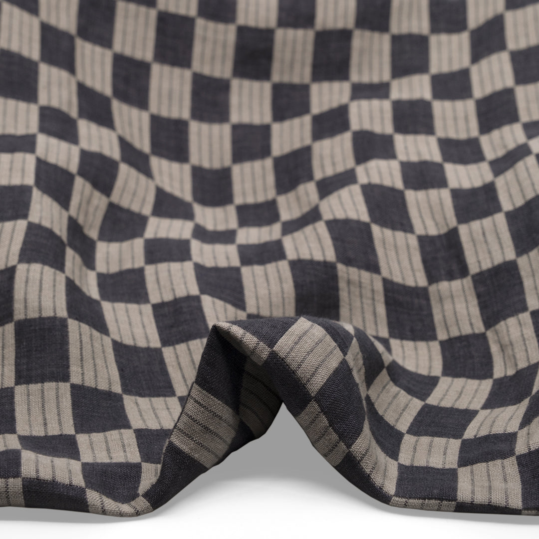 Check Laundered Linen Double Cloth - Smoke/Flax | Blackbird Fabrics