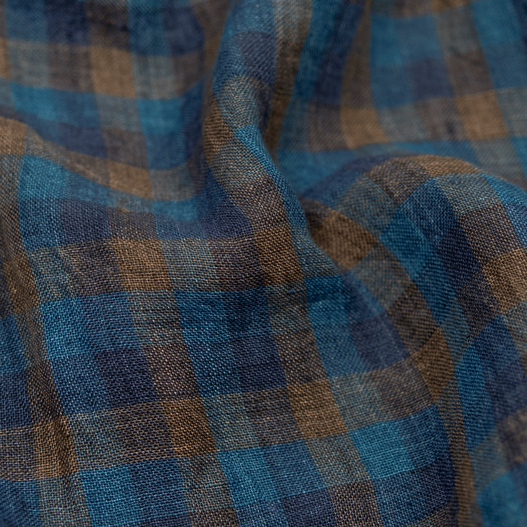 Medley Check Lightweight Stonewashed Linen - Ocean/Denim/Mink | Blackbird Fabrics