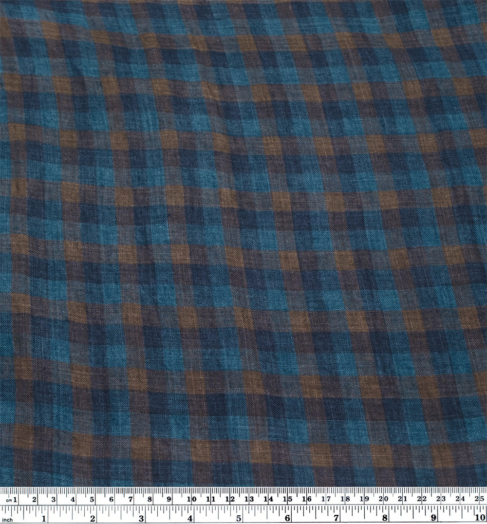 Medley Check Lightweight Stonewashed Linen - Ocean/Denim/Mink | Blackbird Fabrics