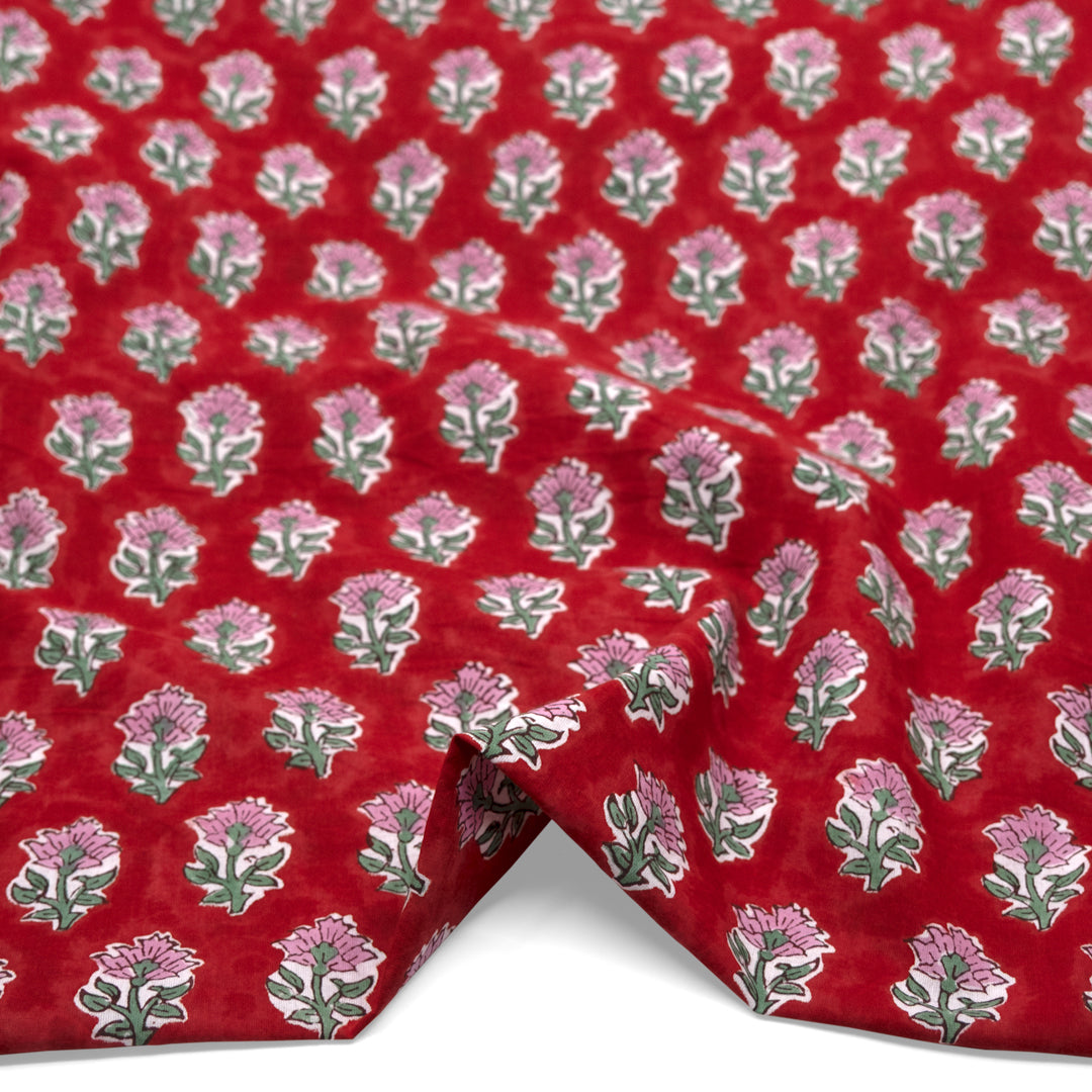 Bloom Block Printed Organic Cotton Batiste - Crimson/Pink | Blackbird Fabrics