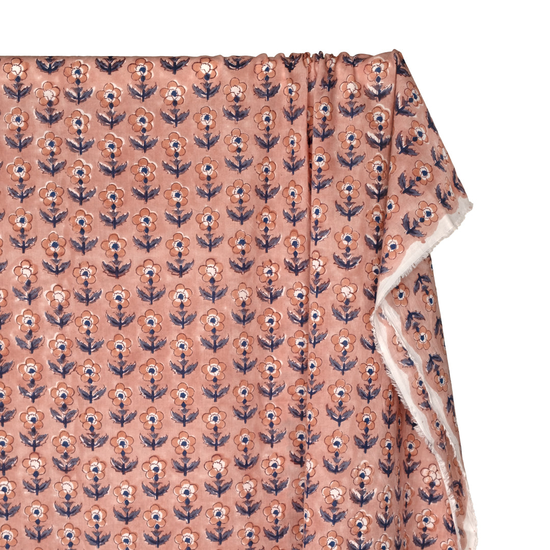 Bloom Block Printed Organic Cotton Batiste - Blush/Bluestone/Denim | Blackbird Fabrics