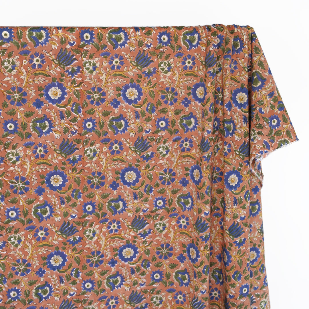 Tapestry Block Printed Organic Cotton Batiste - Warm Clay/Cobalt/Kale | Blackbird Fabrics