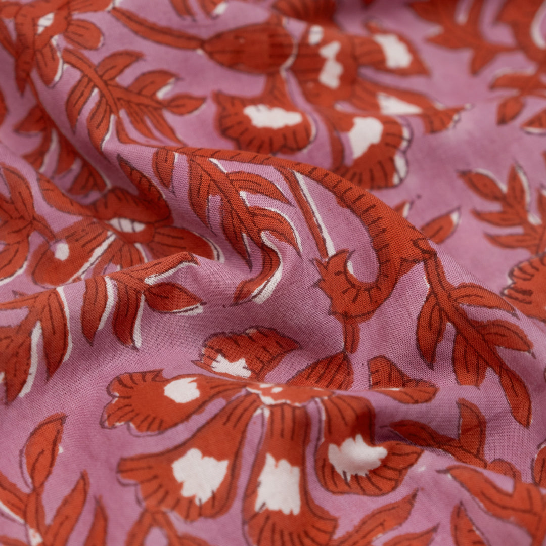 Vine Block Printed Organic Cotton Batiste - Dahlia/Red Clay | Blackbird Fabrics