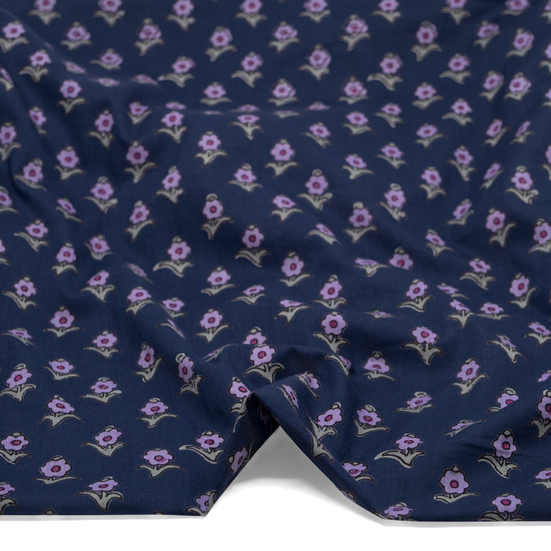 Bloom Block Printed Organic Cotton Batiste - Dark Denim/Purple/Sage | Blackbird Fabrics