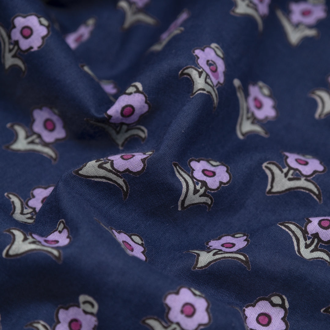 Bloom Block Printed Organic Cotton Batiste - Dark Denim/Purple/Sage | Blackbird Fabrics