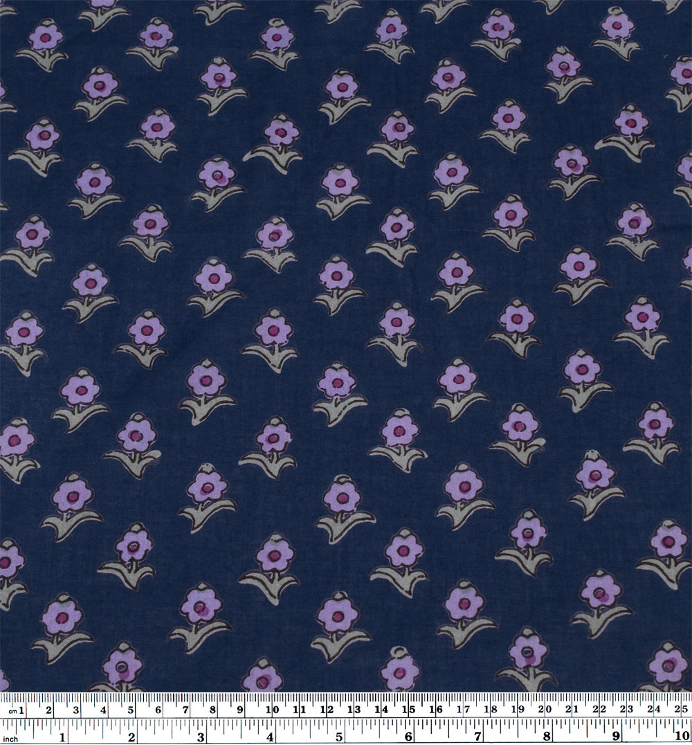 Bloom Block Printed Organic Cotton Batiste - Dark Denim/Purple/Sage | Blackbird Fabrics