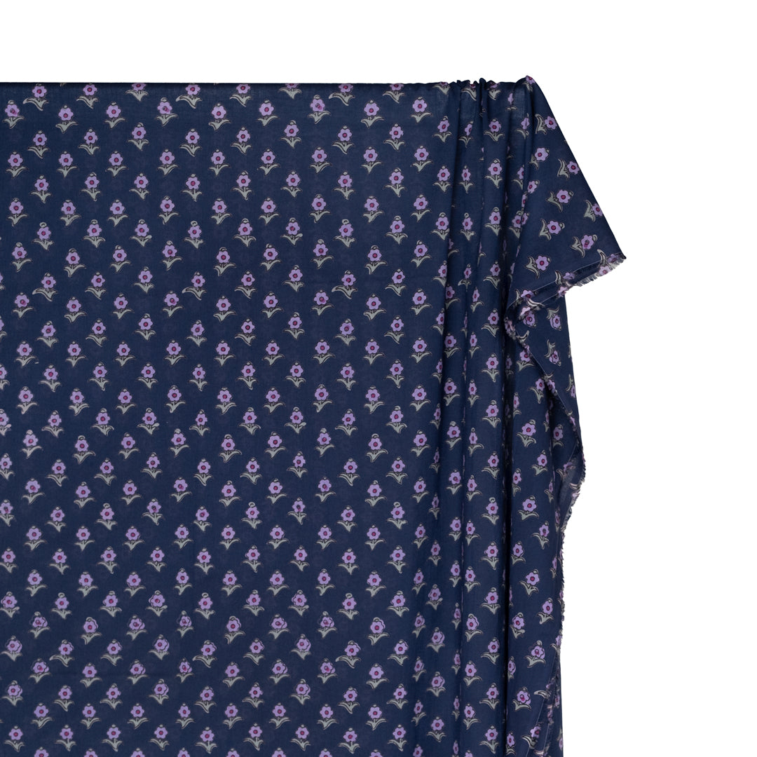 Bloom Block Printed Organic Cotton Batiste - Dark Denim/Purple/Sage | Blackbird Fabrics