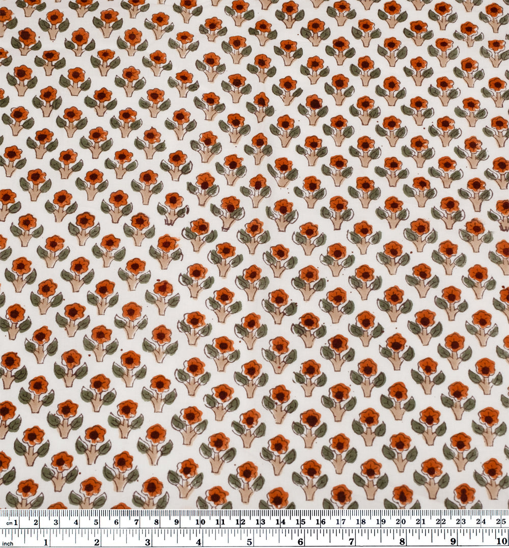 Bloom Block Printed Organic Cotton Batiste - White/Pumpkin/Dill | Blackbird Fabrics