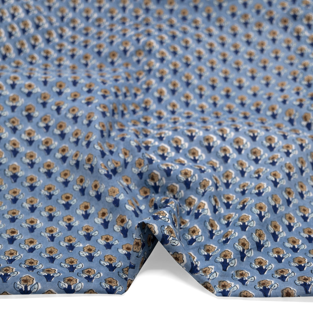 Bloom Block Printed Organic Cotton Batiste - Bluestone/Mushroom/Navy | Blackbird Fabrics