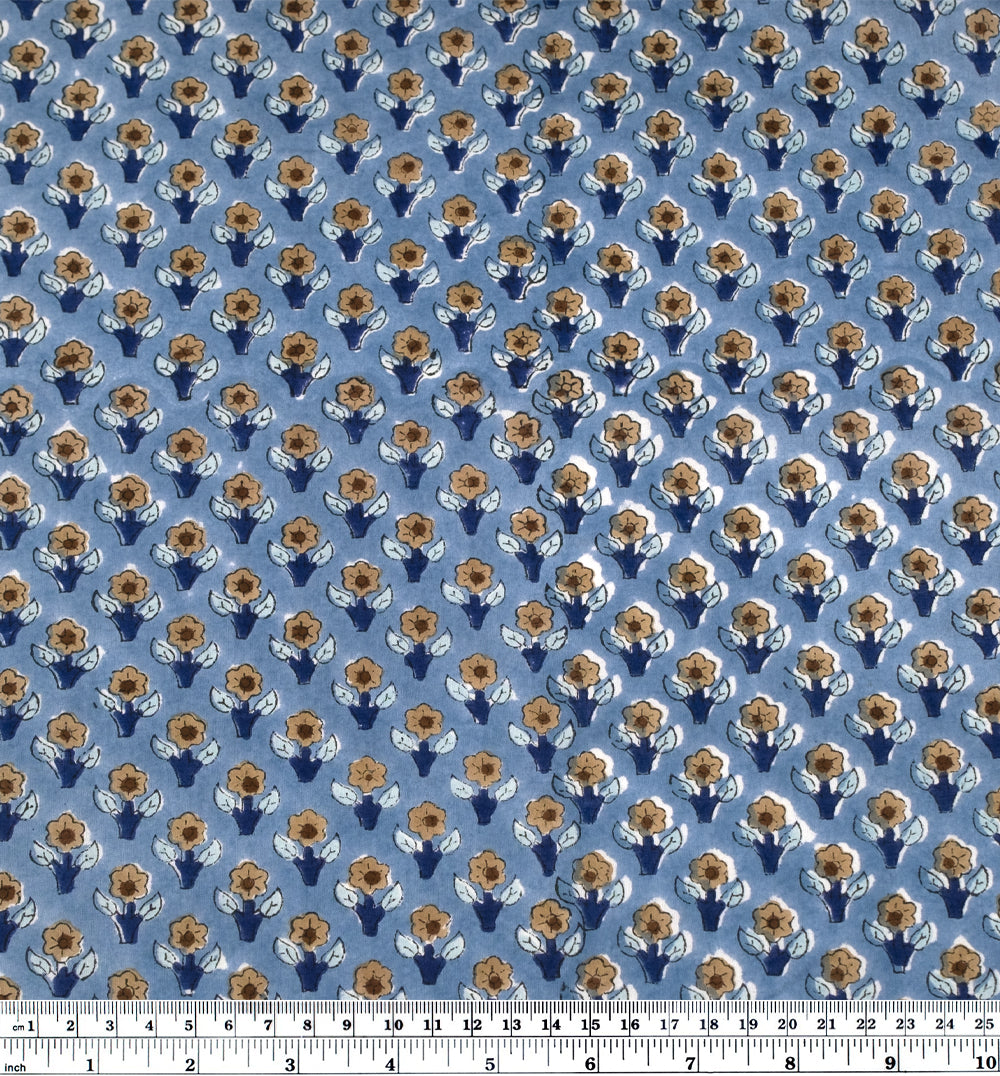 Bloom Block Printed Organic Cotton Batiste - Bluestone/Mushroom/Navy | Blackbird Fabrics