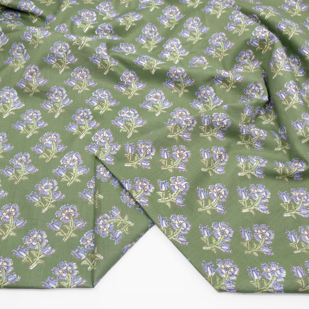 Bloom Block Printed Organic Cotton Batiste - Celadon/Periwinkle | Blackbird Fabrics