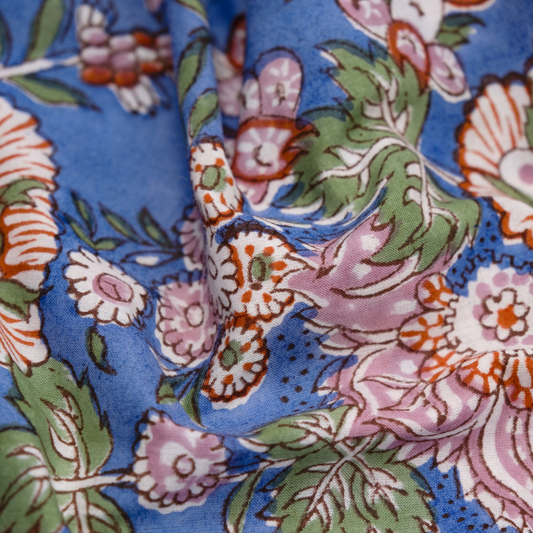 Tapestry Block Printed Organic Cotton Batiste - Cornflower/Dusty Rose | Blackbird Fabrics