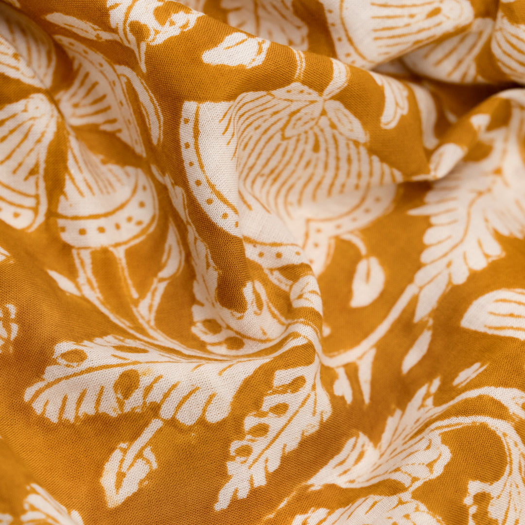 Tapestry Block Printed Organic Cotton Batiste - Saffron/Ivory | Blackbird Fabrics