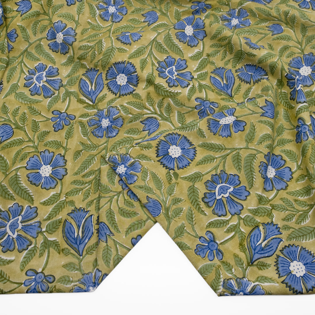 Vine Block Printed Organic Cotton Batiste - Pear/Cornflower | Blackbird Fabrics