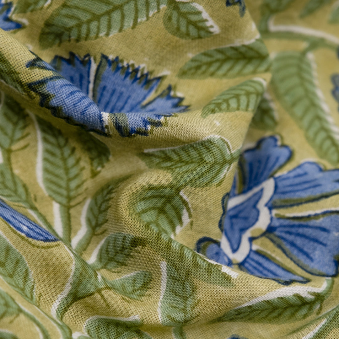 Vine Block Printed Organic Cotton Batiste - Pear/Cornflower | Blackbird Fabrics