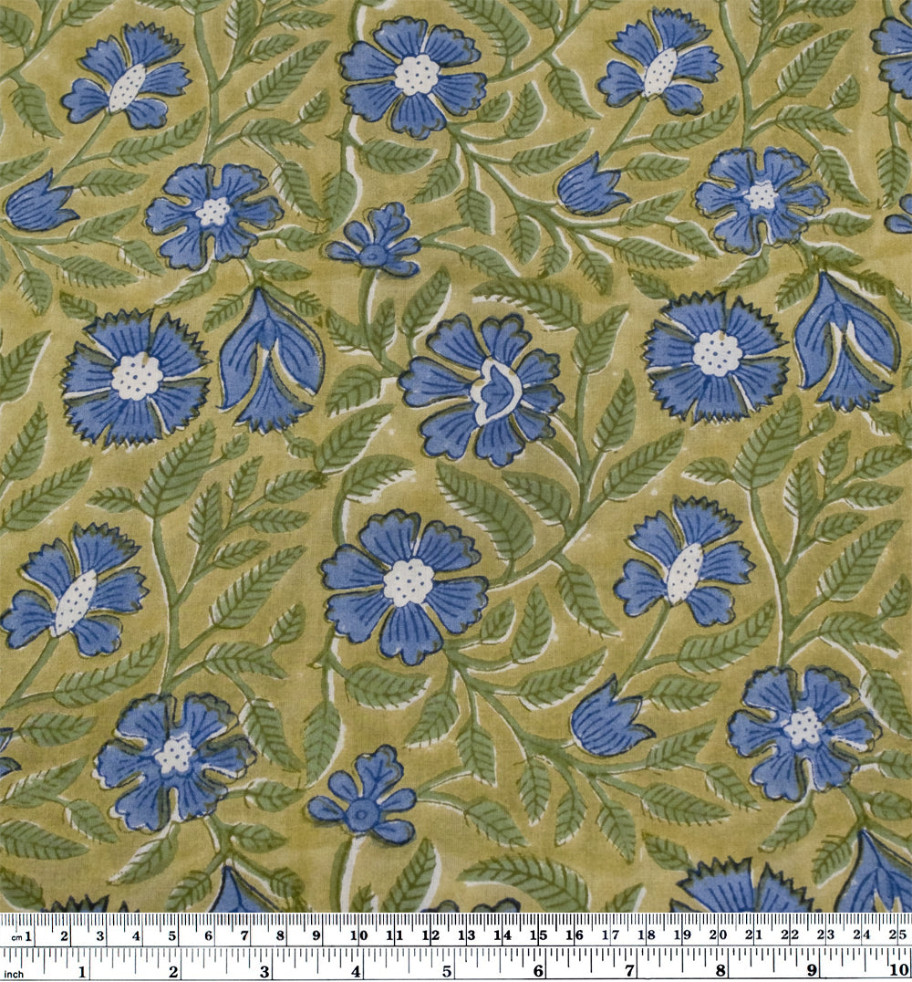 Vine Block Printed Organic Cotton Batiste - Pear/Cornflower | Blackbird Fabrics