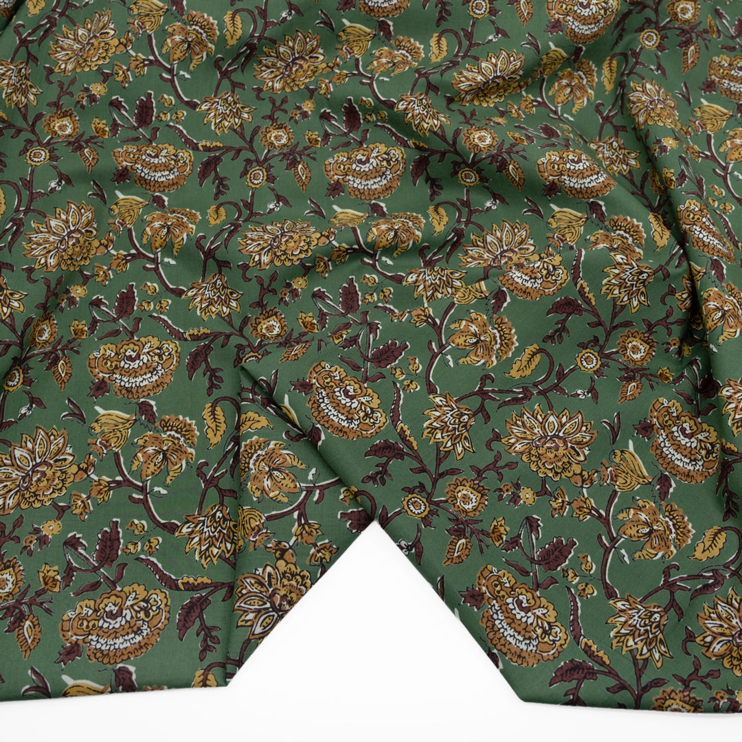 Tapestry Block Printed Organic Cotton Batiste - Kelp/Chocolate | Blackbird Fabrics