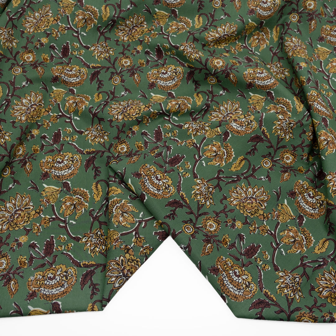 Tapestry Block Printed Organic Cotton Batiste - Kelp/Chocolate | Blackbird Fabrics