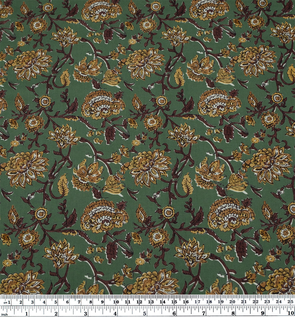 Tapestry Block Printed Organic Cotton Batiste - Kelp/Chocolate | Blackbird Fabrics