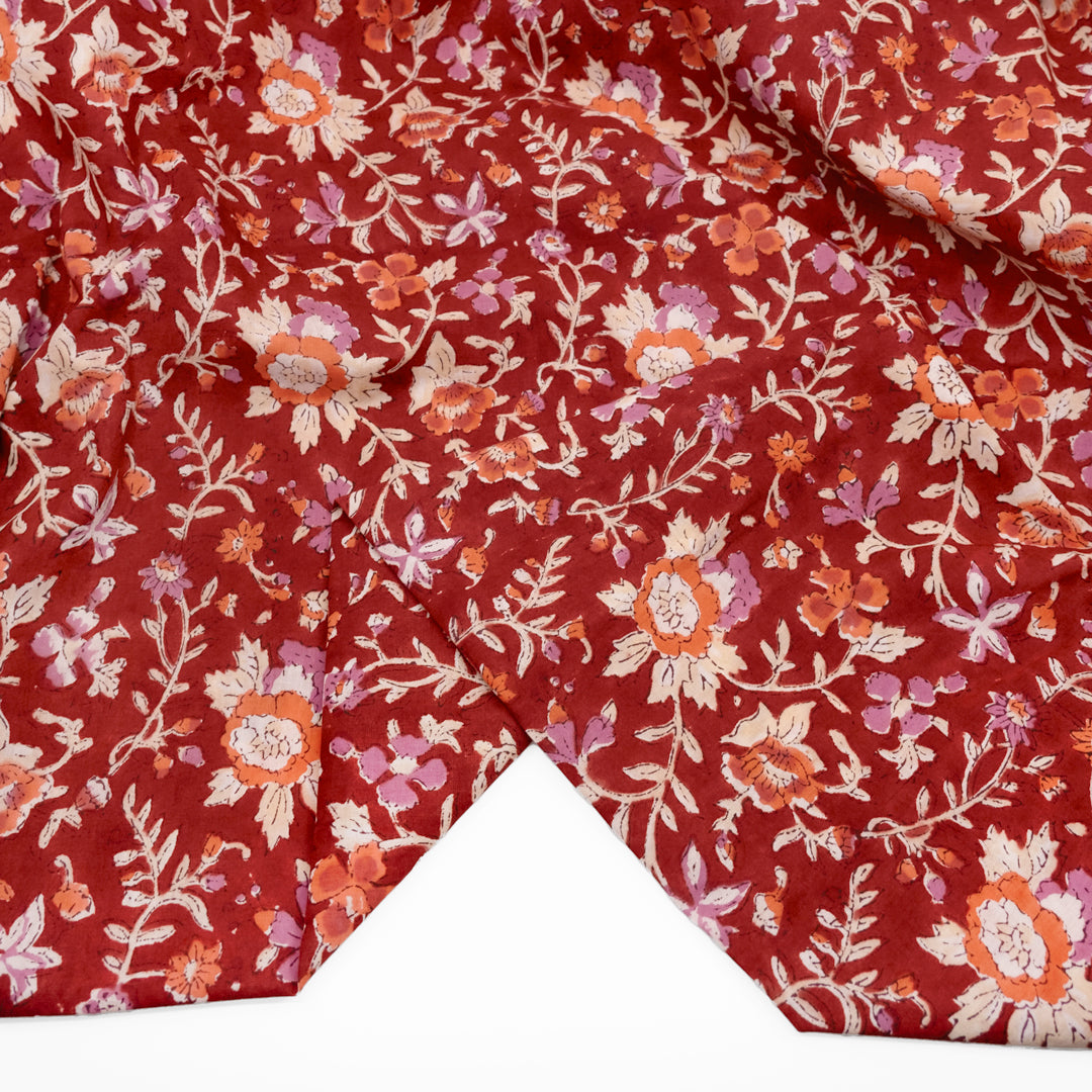 Tapestry Block Printed Organic Cotton Batiste - Cranberry/Pale Dahlia | Blackbird Fabrics
