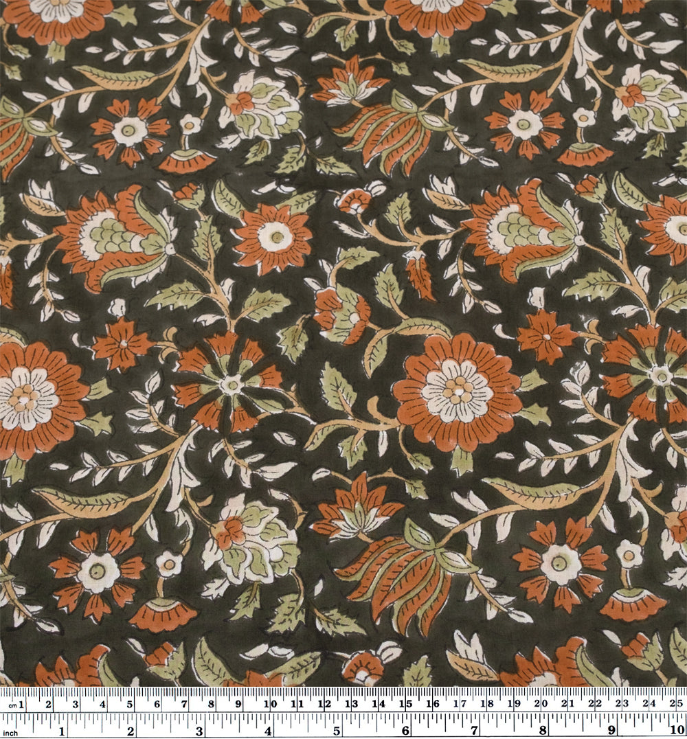 Tapestry Block Printed Organic Cotton Batiste - Olive Drab/Rust | Blackbird Fabrics