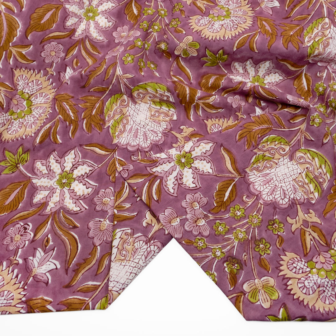 Tapestry Block Printed Organic Cotton Batiste - Fig/Fern | Blackbird Fabrics