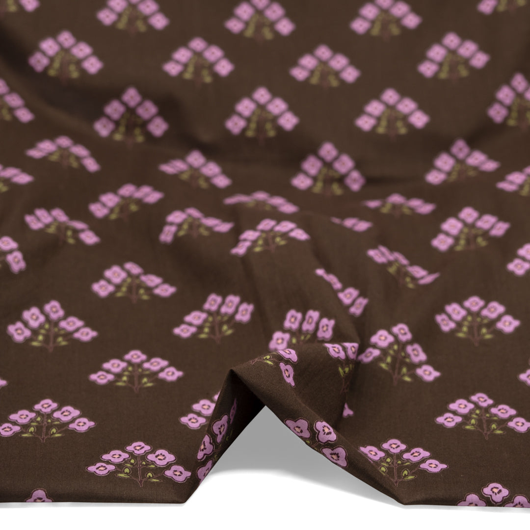 Bloom Block Printed Organic Cotton Batiste - Espresso/Lilac/Avocado | Blackbird Fabrics