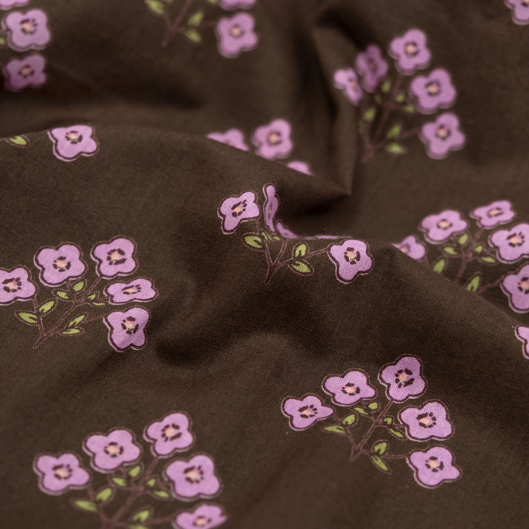 Bloom Block Printed Organic Cotton Batiste - Espresso/Lilac/Avocado | Blackbird Fabrics