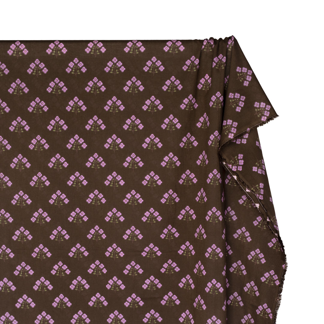 Bloom Block Printed Organic Cotton Batiste - Espresso/Lilac/Avocado | Blackbird Fabrics