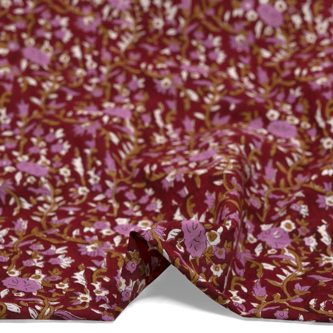 Vine Block Printed Organic Cotton Batiste - Crimson/Ochre/Dahlia | Blackbird Fabrics