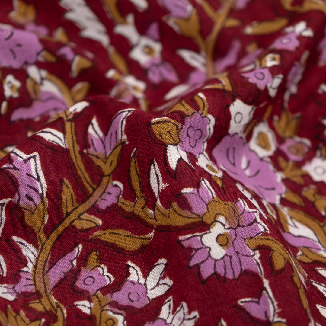 Vine Block Printed Organic Cotton Batiste - Crimson/Ochre/Dahlia | Blackbird Fabrics