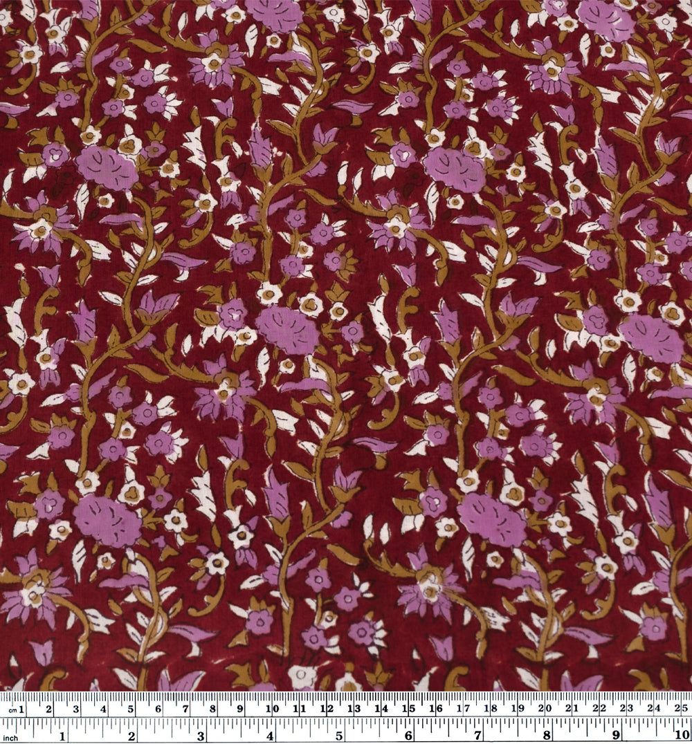 Vine Block Printed Organic Cotton Batiste - Crimson/Ochre/Dahlia | Blackbird Fabrics