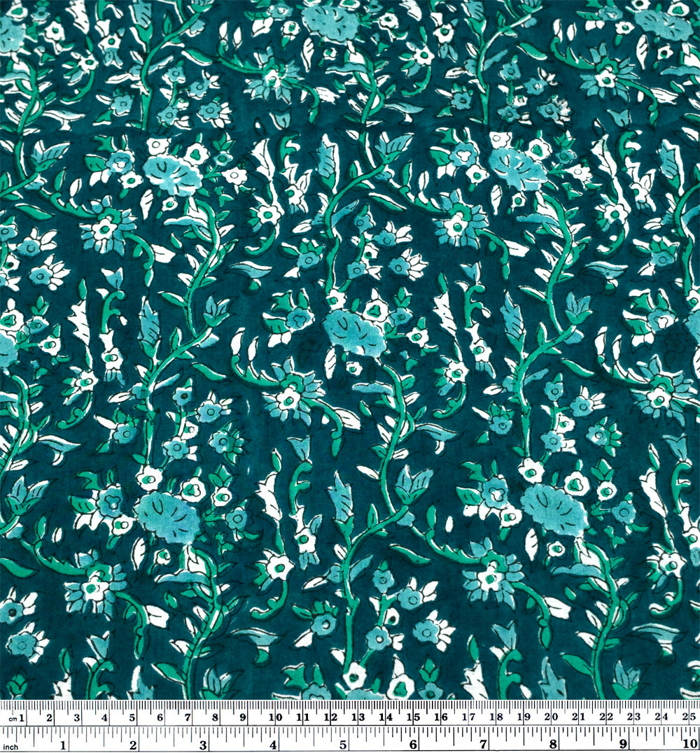 Vine Block Printed Organic Cotton Batiste - Mallard/Teal/Turquoise | Blackbird Fabrics