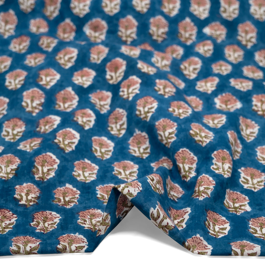 Bloom Block Printed Organic Cotton Batiste - Harbour/Blush/Cardamom | Blackbird Fabrics