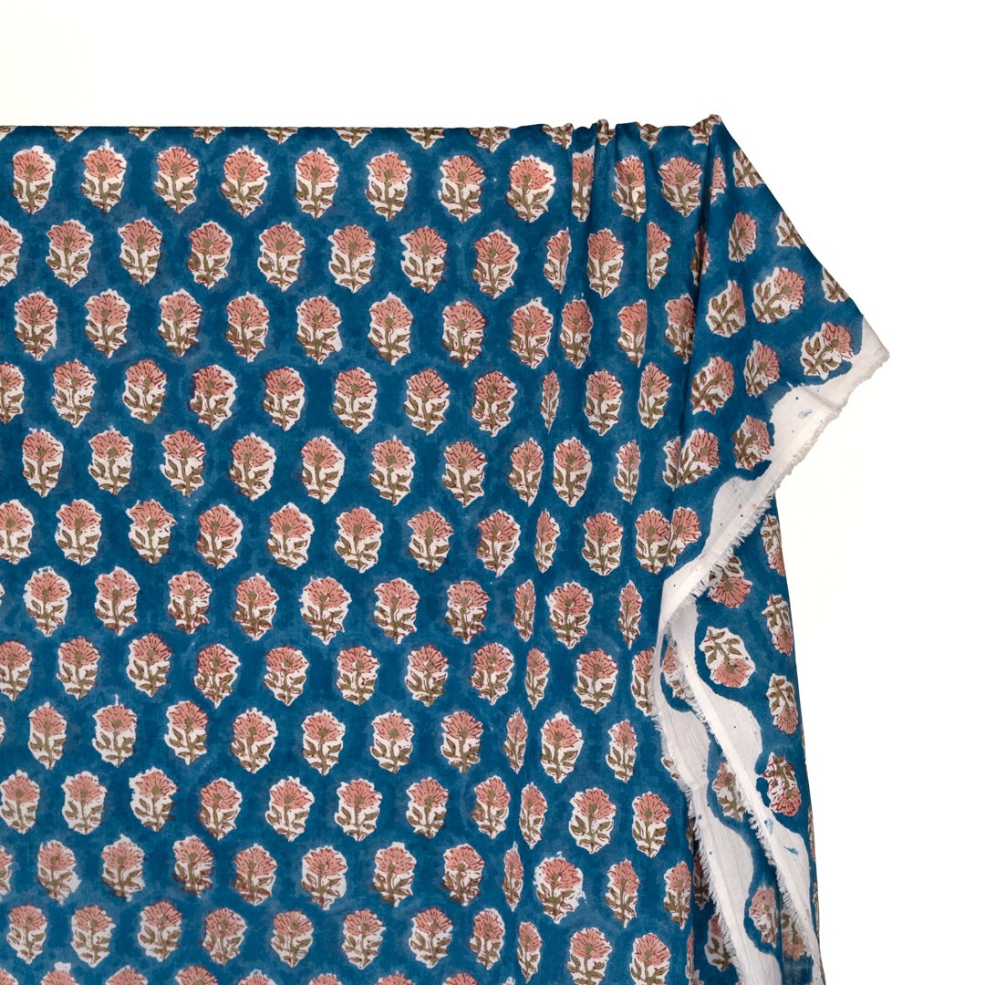 Bloom Block Printed Organic Cotton Batiste - Harbour/Blush/Cardamom | Blackbird Fabrics