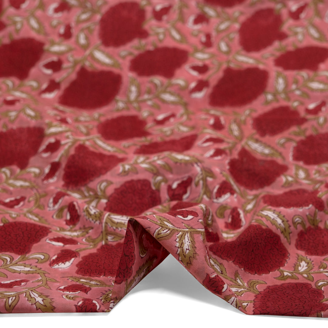 Tapestry Block Printed Organic Cotton Batiste - Guava/Cherry Pink/Sage | Blackbird Fabrics