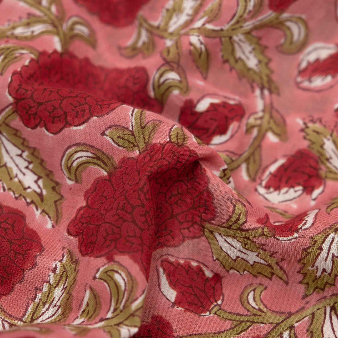 Tapestry Block Printed Organic Cotton Batiste - Guava/Cherry Pink/Sage | Blackbird Fabrics
