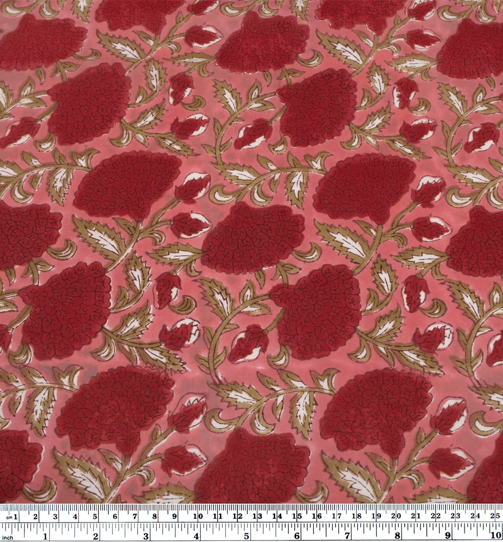 Tapestry Block Printed Organic Cotton Batiste - Guava/Cherry Pink/Sage | Blackbird Fabrics