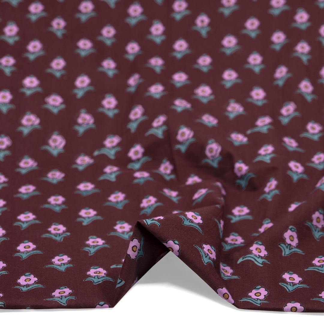 Bloom Block Printed Organic Cotton Batiste - Burgundy/Dahlia/Jade | Blackbird Fabrics