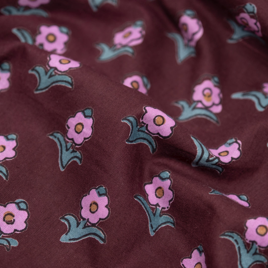 Bloom Block Printed Organic Cotton Batiste - Burgundy/Dahlia/Jade | Blackbird Fabrics